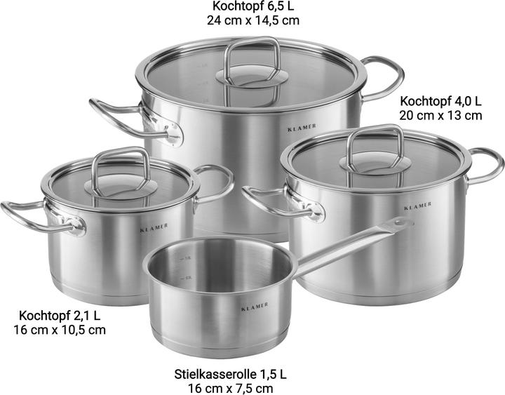 Produktbild KLAMER Topf-Set 4-tlig. mit Glasdeckel, Induktion, unbeschichtetes Edelstahl Profi-Kochtopfset (23.15 cm, Bräter + Schmortopf, Edelstahl)