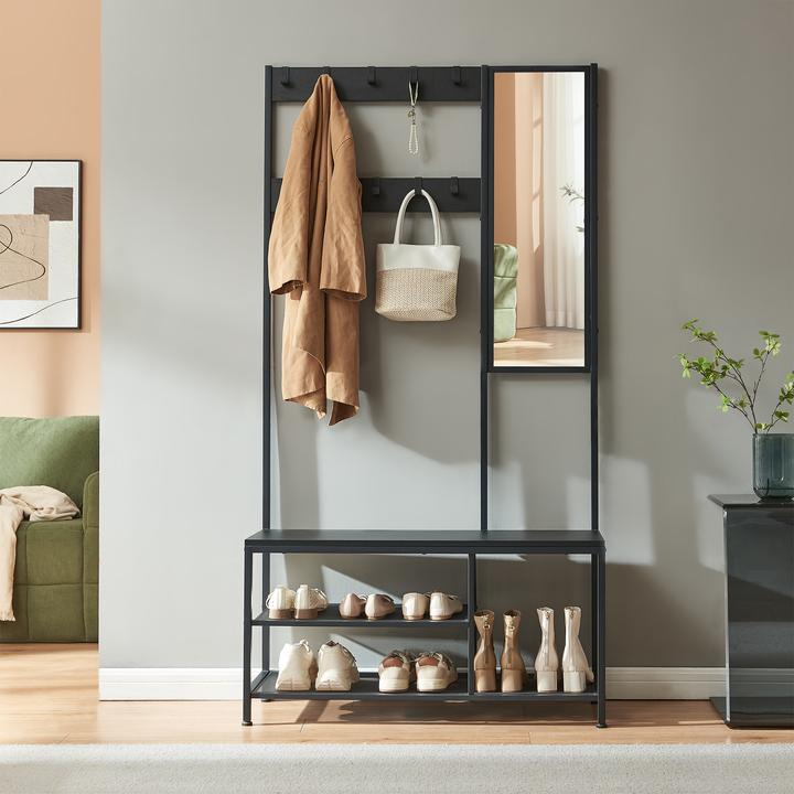 Produktbild En.Casa Garderobenständer Napinerg mit Spiegel und Schuhregal 185x98x34 cm Schwarz