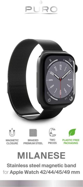 Immagine prodotto Puro Fascia magnetica milanese - Pasek ze stali nierdzewnej do Apple Watch 42/44/45/49 mm (czarny) (42 mm, 44 mm, 45 mm, 49 mm, Acciaio inossidabile)