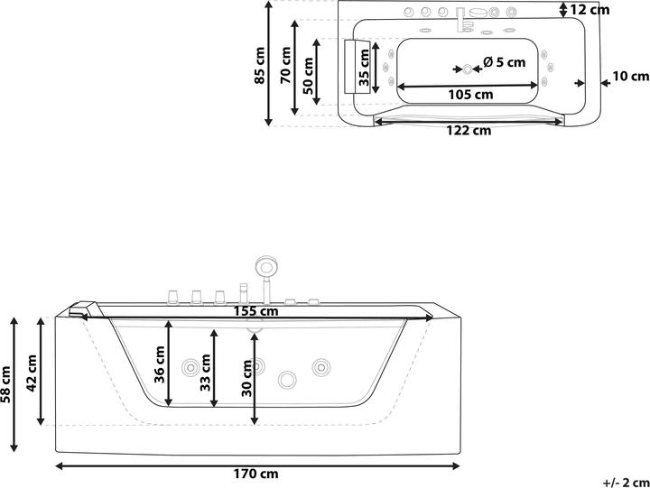 Image du produit Beliani Baignoire à hydromassage blanche rectangulaire 170 x 85 cm BARRANCA (220 l, 170 cm, 85 cm)