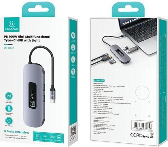 Actual product image Usams US-SJ642 PD100W 6in1 Multifunctional Type-C HUB with Light(Type-C To HDMI+USB3.0*2+TF+SD+PD100W ) (USB-C, 6 ports)