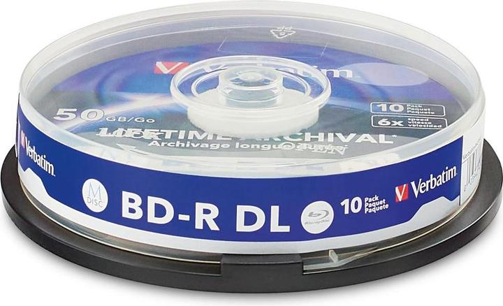 Productafbeelding Verbatim 1x10 M-Disc BD-R BluRay 50GB 6x Speed Cakebox bedrukbaar (10x)