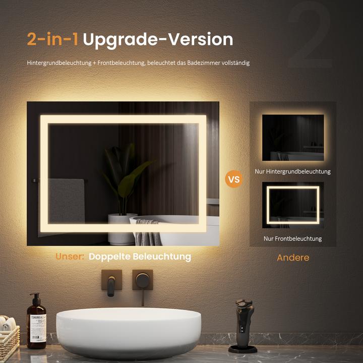 Produktbild Emke Badezimmerspiegel mit Beleuchtung 50*60cm,Beschlagfrei, 3000K/6500K,Tast Schalter (50 x 60 cm)