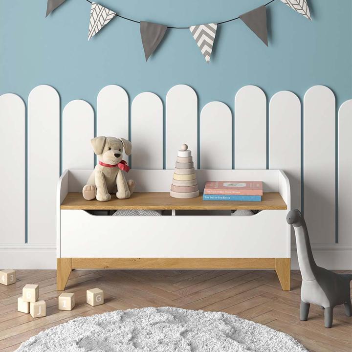 Produktbild VitaliSpa Spielzeugtruhe Malia, Weiss/Eiche, 107.2 x 50 cm mit Sitzbank