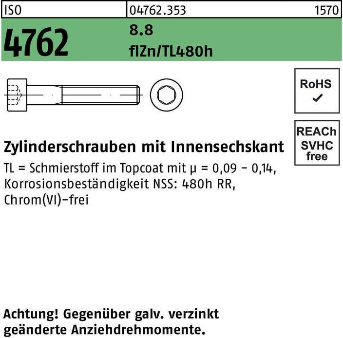 Produktbild Zylinderschraube ISO 4762 m.Innensechskant M 6 x 20 8.8 zinkbesch. Gleitmittel flZnnc 480h-L (500 Schrauben pro Stück)