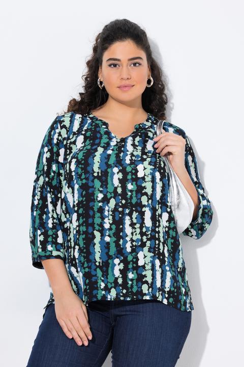 Image du produit Ulla Popken Damen grosse Grössen Tunika, bedruckt, Rundhals, Knöpfe, 3/4-Arm schwarz 46+ 842837100-46+ (46, 48)