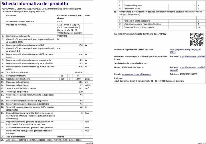 Nährwerte und Zutaten ASUS TUF VG27VQ3B (1920 x 1080 Pixel, 27")