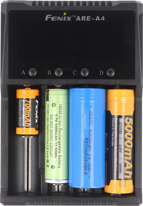 Actual product image Fenix Round cell charger ARE A4 (1 pcs., 10340, 10350, 10440, 10500, 12500, 12650, 13500, 13650, 14500, 14650, 16340, 16650, 17500, 17650, 17670, 18350, 18490, 18500, 18650, 18700, 21700, 22650, 25500, 26500, 26650, Rechargeable battery)
