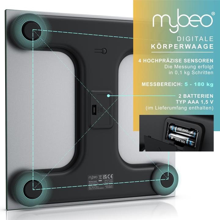 Actual product image Mybeo Digitale Waage für Personen, grosse Trittfläche aus 6mm Sicherheitsglas, Personenwaage, Digitalwaage (180 kg)
