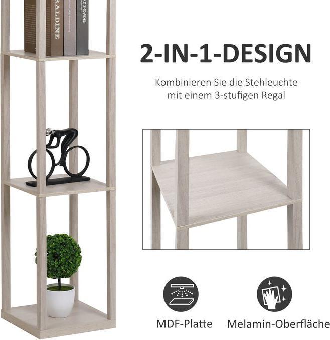 Actual product image Swisshandel24 Floor lamp Floor lamp with 3 shelves E27 up to 40W E1-MDF, acrylic oak+white 26 x 26 x 160 cm (E27)