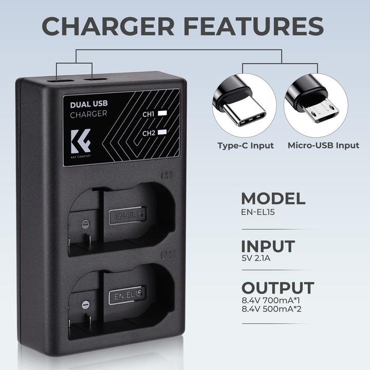 Produktbild K&F Concept EN-EL15 Digital Camera LED Dual Channel Charger with Type C Charging Cable (Kamera Akku Ladegerät)