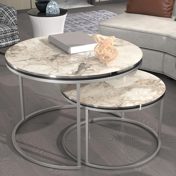 Actual product image En.Casa Coffee table set 'Skagen' in a set of 2 marble, white / silver