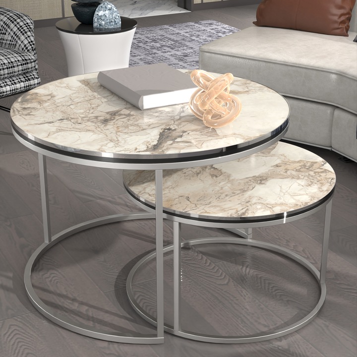 Produktbild En.Casa Couchtischset ’Skagen’ im 2er Set Marmor, weiss / Silber