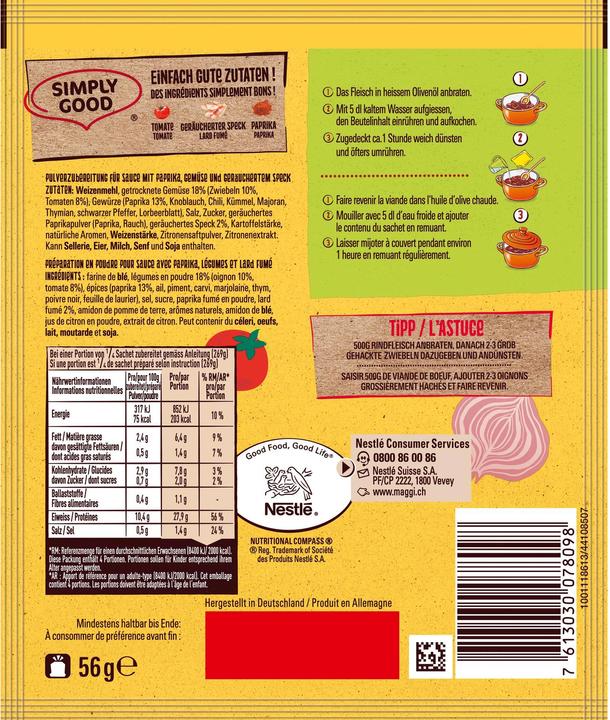 Valeurs nutritives et ingrédients Maggi Mix Goulash Hongrois (56 g)