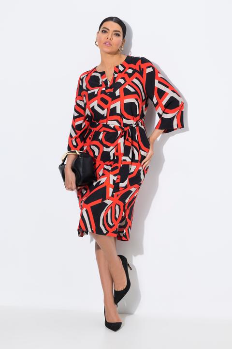 Actual product image Ulla Popken Geometric Print Split Neck Tie Belt Dress (42, 44)