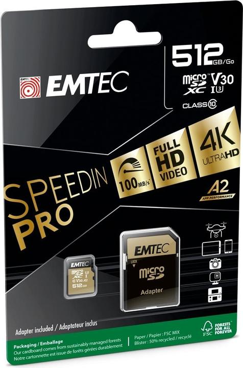 Actual product image Emtec mSD 512GB UHS-I U3 V30 A2 SpeedIN (512 GB, microSDXC, U3, UHS-I)