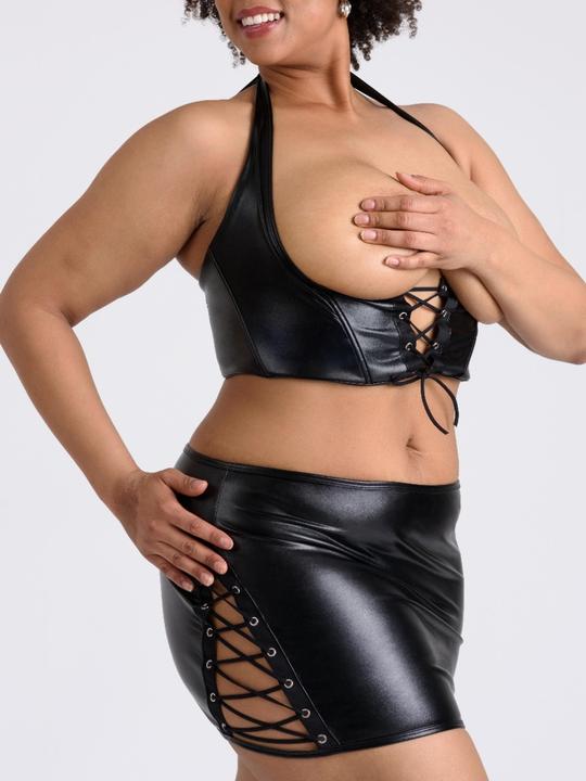 Lovehoney Plus Size Fierce Leather-Look Lace-Up Bra & Skirt Set (Black 3X / 4X)