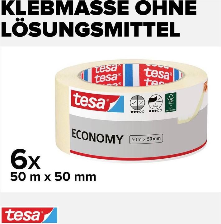 Produktbild tesa 6x Malerband ECONOMY Abdeckband, Sechserpack (50 mm)