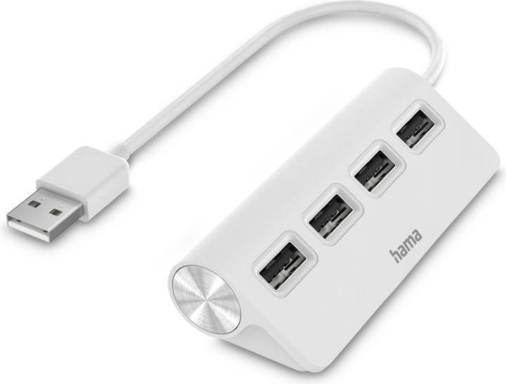 Hama USB-A hub, 4 ports, USB 2.0, 480 Mbit/s, white (USB-A, 4 Ports)
