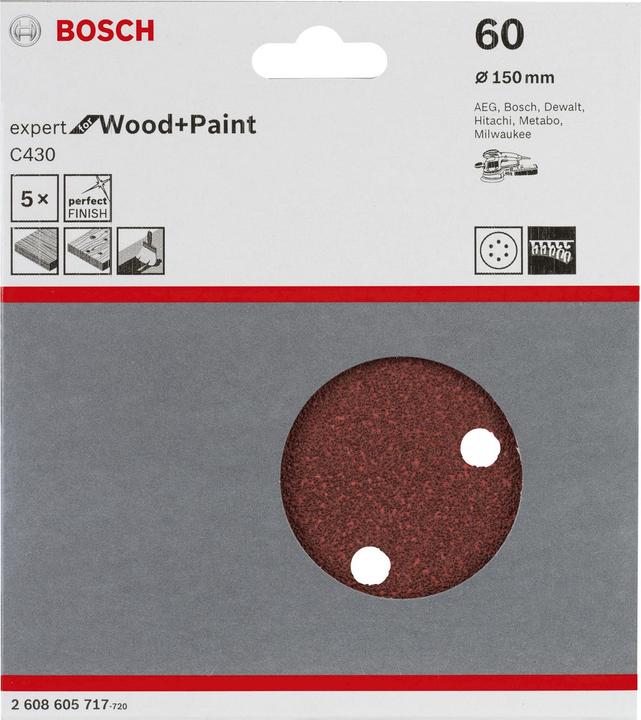 Produktbild Bosch Professional Zubehör Schleifblatt C430, 150 mm, 60, 6 Löcher, Klett, 5er-Pack (60)