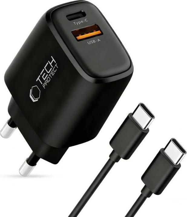 Actual product image Tech-Protect NCA45W-GAN 2-PORT NETZLADEGERÄT PD 45W / QC3.0 + TYPE-C KABEL SCHWARZ (45 W, 2 ports)