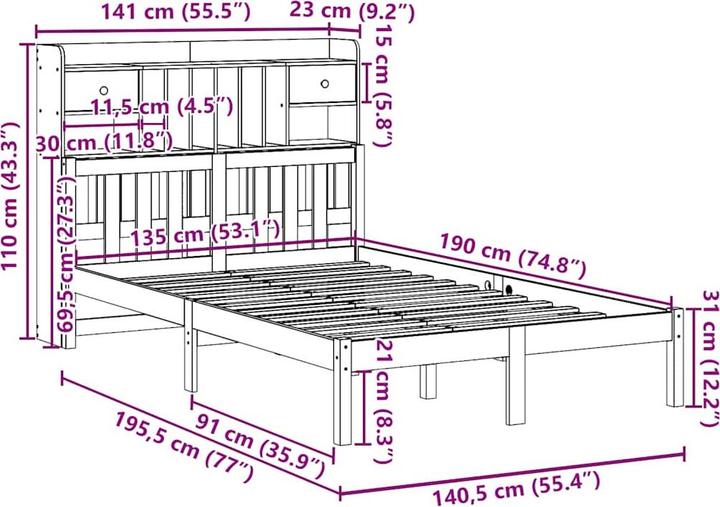 Produktbild vidaXL Bett mit Regal (135 x 190 cm)