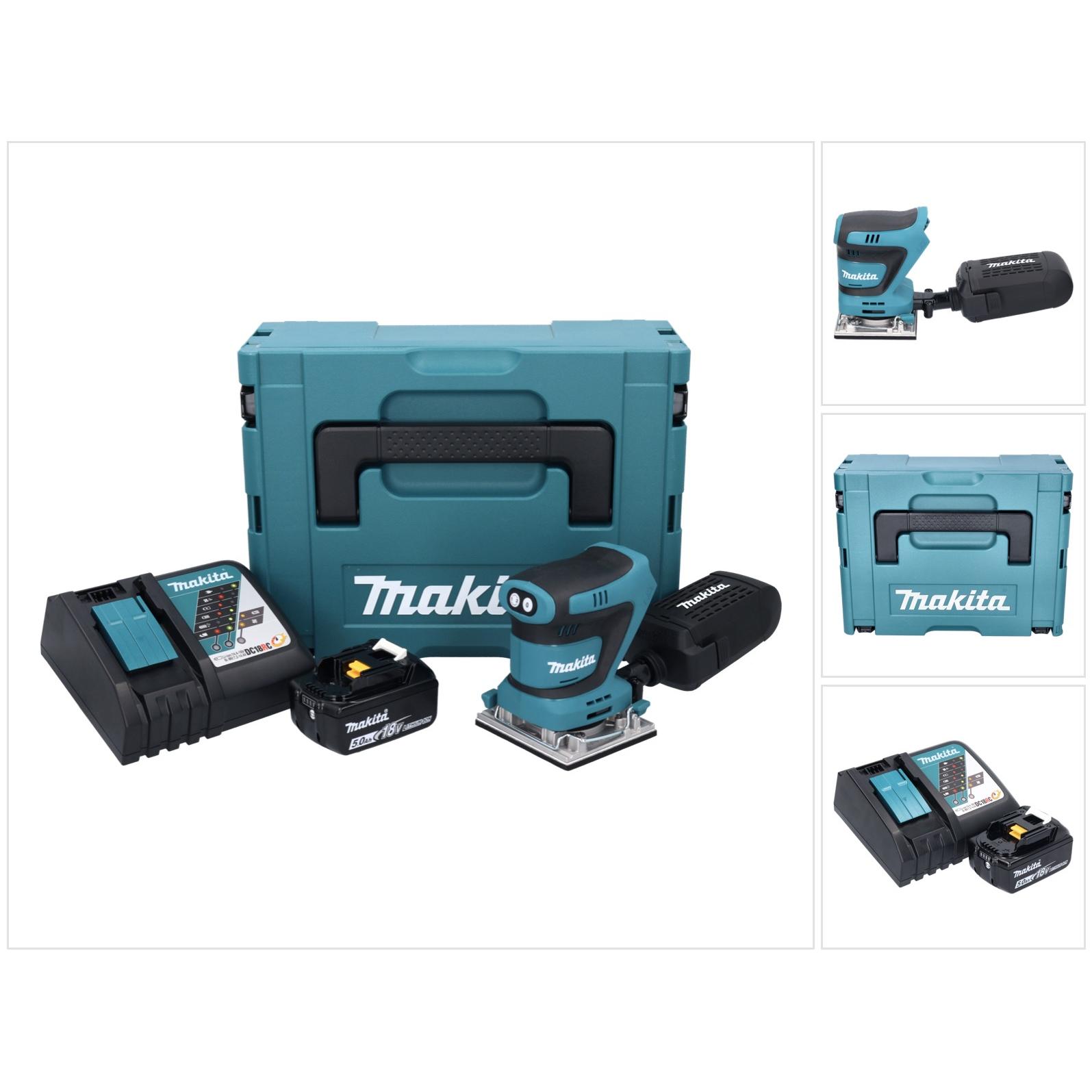 Makita, Rettificatrice + lucidatrice, DBO 482 RT1J Levigatrice orbitale a batteria 18 V 112 x 102 mm + 1x batteria 5,0 Ah + caricatore + (Levigatrice 