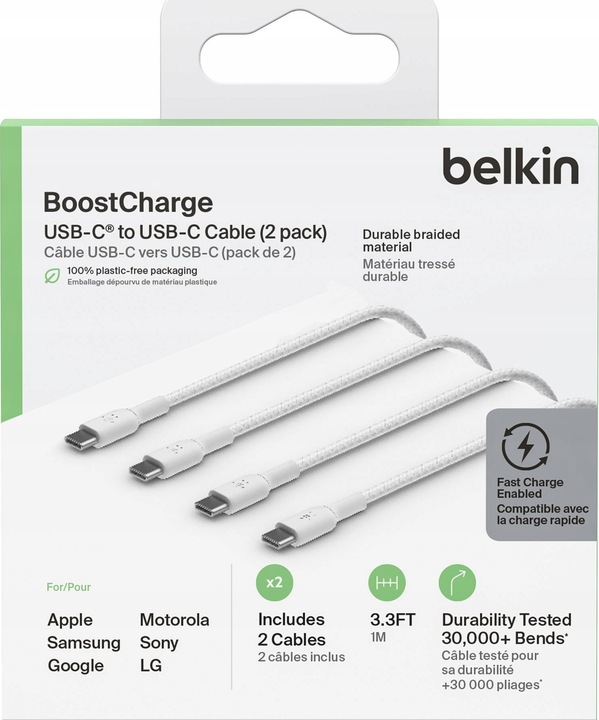 Actual product image Belkin USB-C to USB-C PVC White 1m Twin Pack (1 m, USB 2.0)
