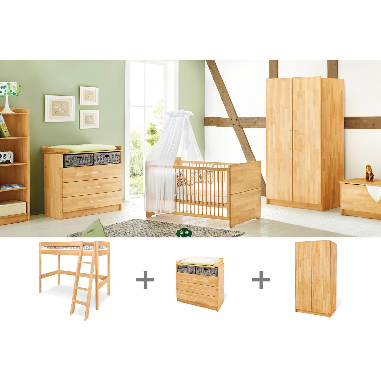 Pinolino, Komplett-Babyzimmer, Jugendzimmer „Natura” breit mit Hochbett, 3-tlg. (Wickelkommode, Kinderkleiderschrank)