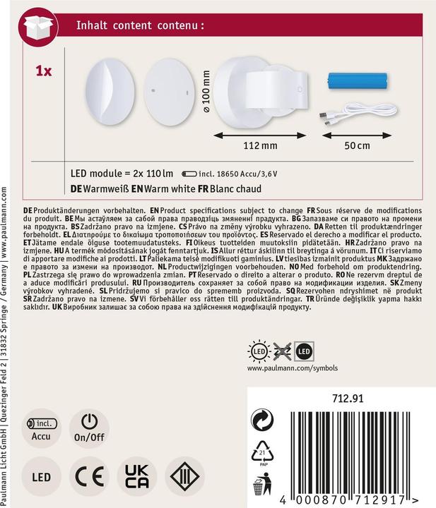 Produktbild Paulmann LED Akkuwandleuchte Zorik IP44 dimmbar 2700K 100mm 2x1.1W (220 lm)