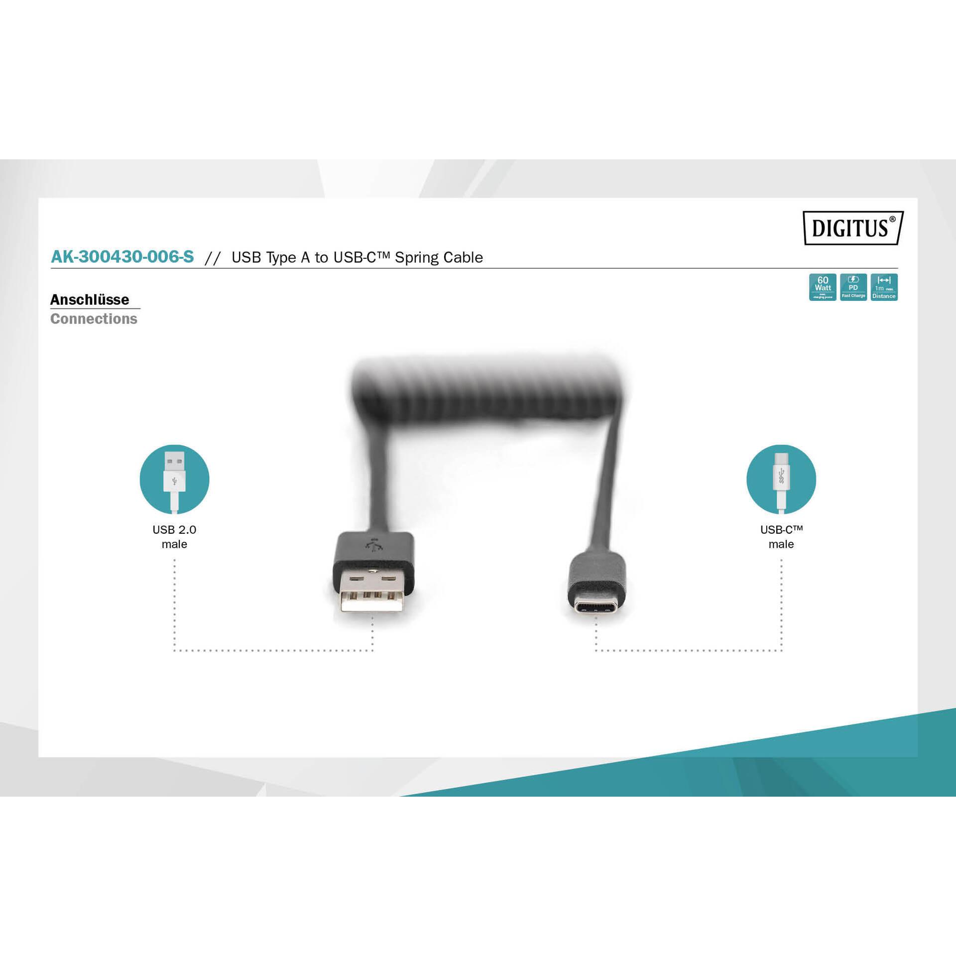 Thumbnail - Digitus USB 2.0 - USB - A auf USB - C Spiralkabel (1 m, USB 2.0), USB Kabel