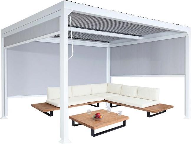 Produktbild Mendler Alu Pergola HWC-L41 mit 3x Seitenwand, Lamellen-Pavillon, stabiles 8cm-Metall-Gestell 3x3,7m – weiss (306 cm, 368 cm)