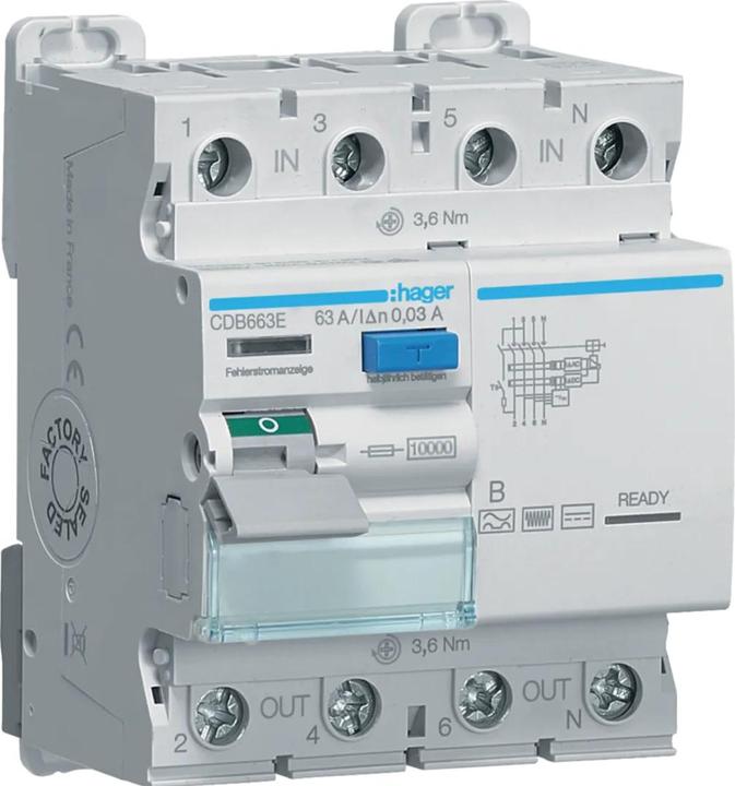 Produktbild Hager CDB663E FI-Schutzschalter 4p 10kA 63A 30mA TypB
