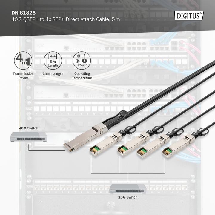 Image du produit Digitus Câble DAC (Direct Attach Copper), 1x QSFP+ 40G vers 4x SFP+, 5 m (CAT6, 5 m)