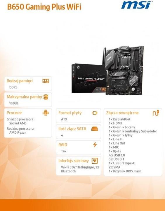 Image du produit MSI B650 GAMING PLUS WIFI (AM5, AMD B650, ATX)
