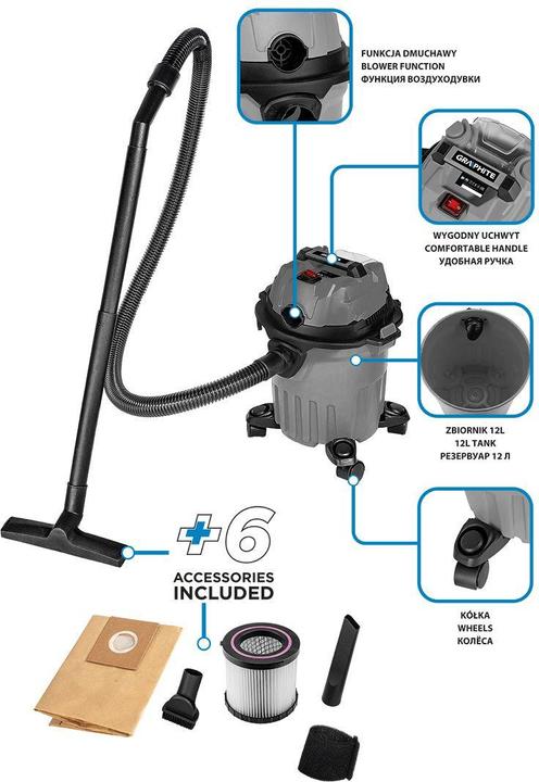 Produktbild Graphite Werkstattstaubsauger Energy+ 18V Li-lon, nass und trocken, 12L Tank (Nass-Trockensauger)
