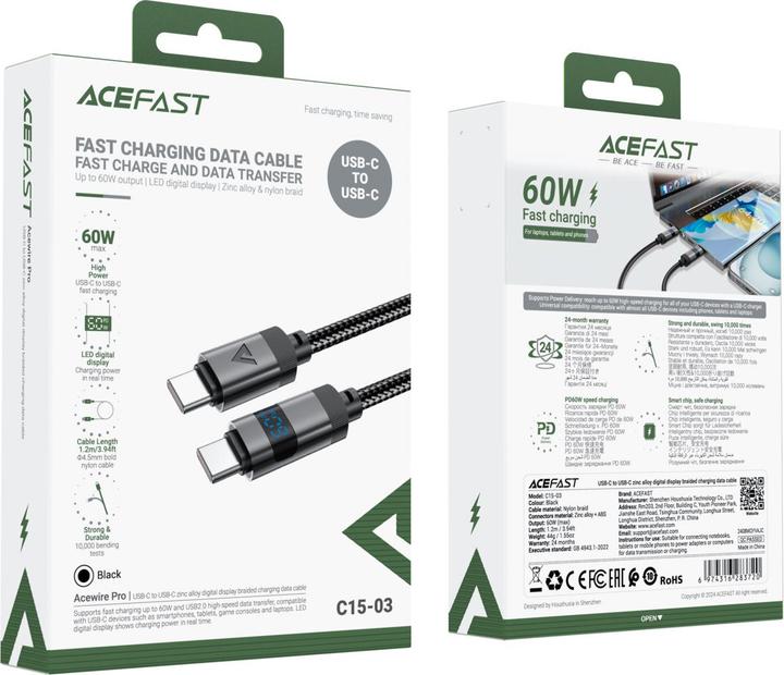 Immagine prodotto Acefast C15-04 USB-C - USB-C Cable with Display 480Mb/s 66W 1.2m - Black (1.20 m, USB 2.0, 66 W)