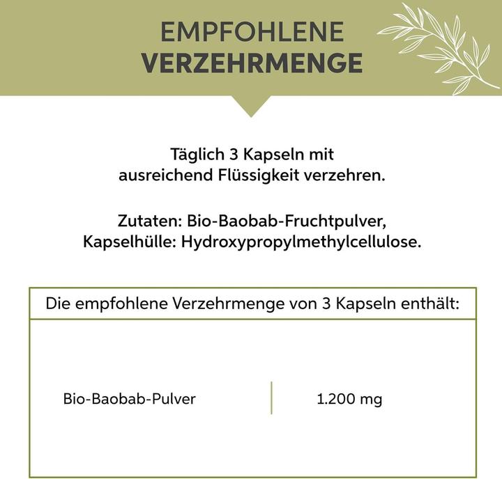 Nährwerte und Zutaten Eltabia Bio Baobab Kapseln | Hochdosiert 1290mg Tagesdosis (200 Stück, Kapseln)