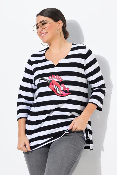 Produktbild Ulla Popken Shirt, Ringel, verzierte Peperoni, Classic, V-Ausschnitt, 3/4-Arm (56)