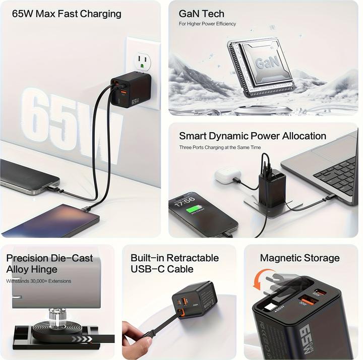 Image du produit PhoneLook Chargeur rapide multiports PD 65W avec câble USB-C intégré (65 W)