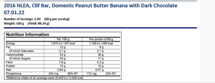 Valeurs nutritives et ingrédients Clif Bar Peanut Butter Banana With Dark Chocolate (Banane au beurre de cacahuète et chocolat noir) (Banane, Arachide, Chocolat, Avoine, 1 pcs, 68 g)