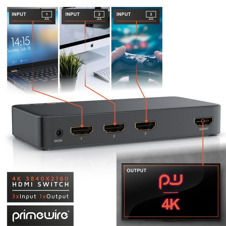Produktbild Primewire 4k HDMI Switch 3 Port mit Fernbedienung / 3D + CEC / 2160p 30Hz