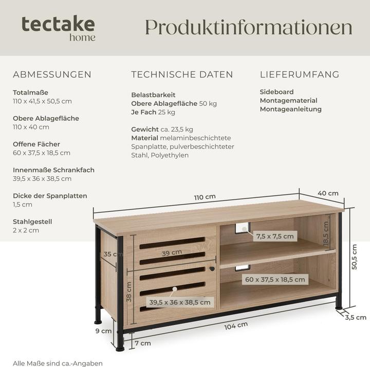 Actual product image tectake TV cabinet Galway | W110 x D41.5 x H50.5 cm with 3 sections (41.50 x 110 x 50.50 cm)