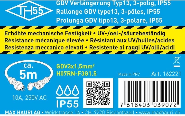 Produktbild Max Hauri TH55 GDV-Verlängerung H07RN IP55 (20 m, Typ 13)