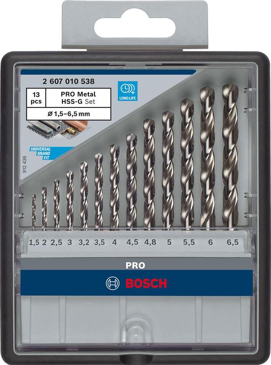Produktbild Bosch Professional Zubehör PRO Metal HSS-G Spiralbohrer-Set, 13-tlg. (1.5 mm, 2 mm, 2.5 mm, 3 mm, 3.2 mm, 3.5 mm, 4 mm, 4.5 mm, 4.8 mm, 5 mm, 5.5 mm, 6 mm, 6.5 mm)