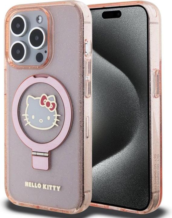 Actual product image Hello Kitty HKHMP15XHRSGEP iPhone 15 Pro Max 6.7" różowy/pink hardcase Ring Stand Glitter Electrop L (Apple iPhone 15 Pro Max)