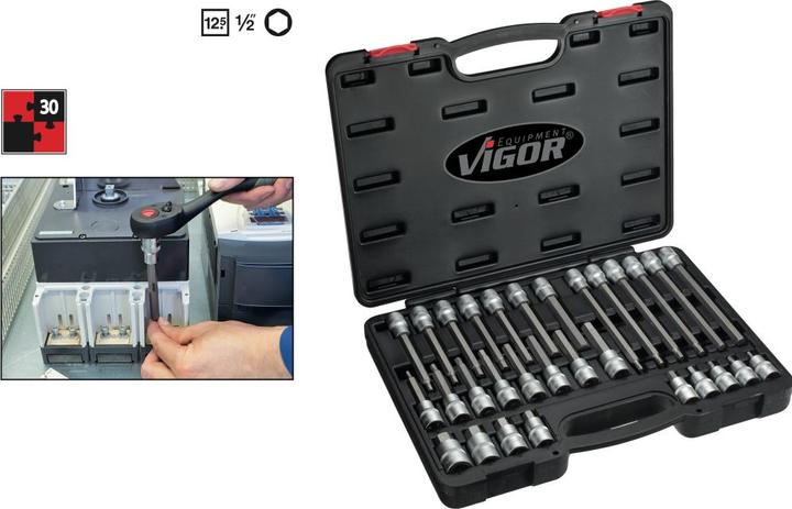 Actual product image Vigor Hexagon socket screwdriver bit set ∙ V1919 ∙ Square 12.5 mm (1/2 inch) ∙ Hexagon socket set ∙ (14 mm, 11 mm, 12 mm, 13 mm, 9 mm, 6 mm, 8 mm, 10 mm, 7 mm, 5 mm)