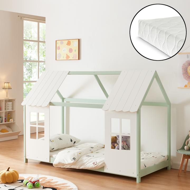 Actual product image En.Casa Halboffenes Kinderbett Tostedt mit Matratze 90x200 cm Mintgrün/Weiss (90 x 200 cm)