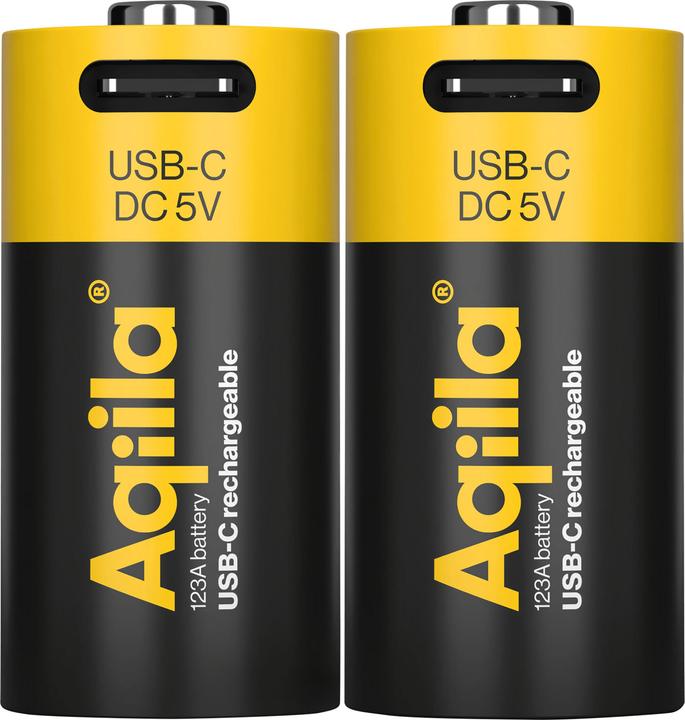 Actual product image Aqiila - USB-C Rechargeable Battery - Size CR123A - 750 mAh - 2-pack (2 pcs., RCR123A, 750 mAh)
