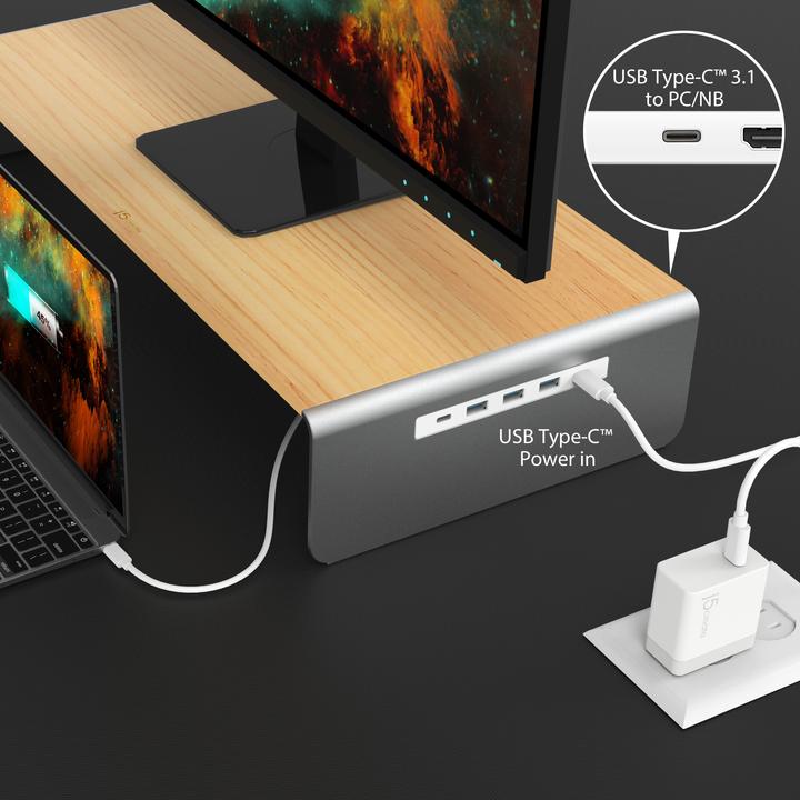 Produktbild j5Create Wood Monitor Stand With Docking (USB-C, 8 Ports)